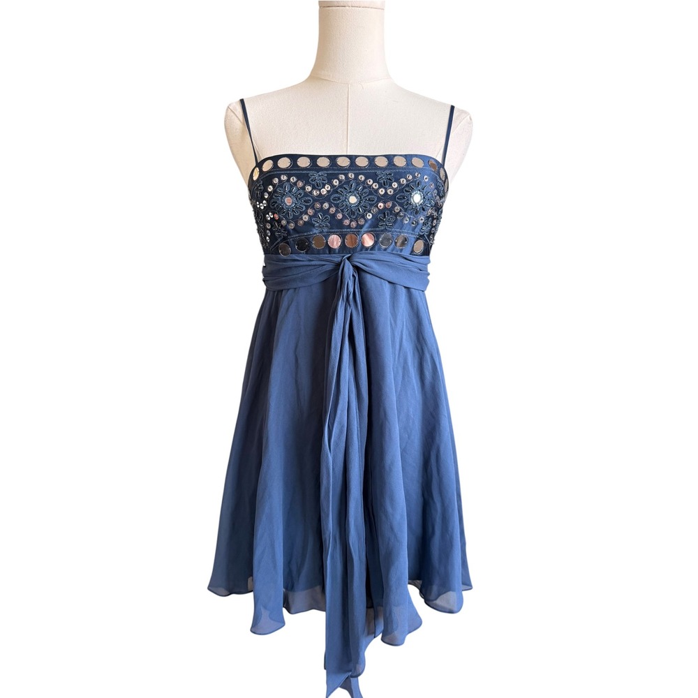 BCBGMAXAZRIA Petites Blue 100% Silk Embellished Mirror Beaded Mini Dress 2P